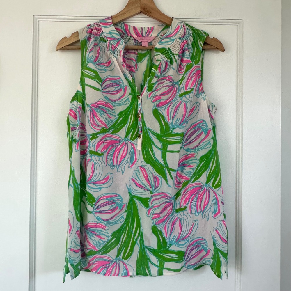 Lilly Pulitzer Houston Top Ring the Bellboy Silk Sleevless Tulips Pink Green‎ S - Picture 2 of 11